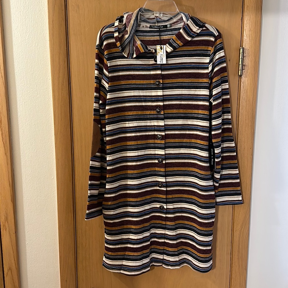 Doe & Rae Striped Button Down Hooded Sweater Dress Elbow Patches Size Large